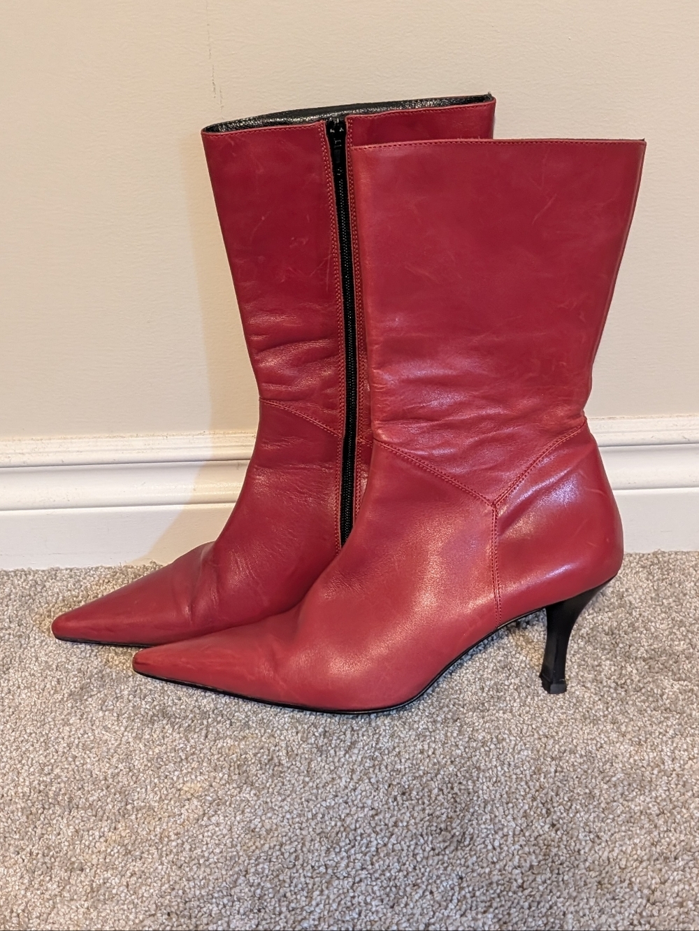 Charles David Red Leather Pointed-Toe Mid-Calf Boots with Slim Heel
